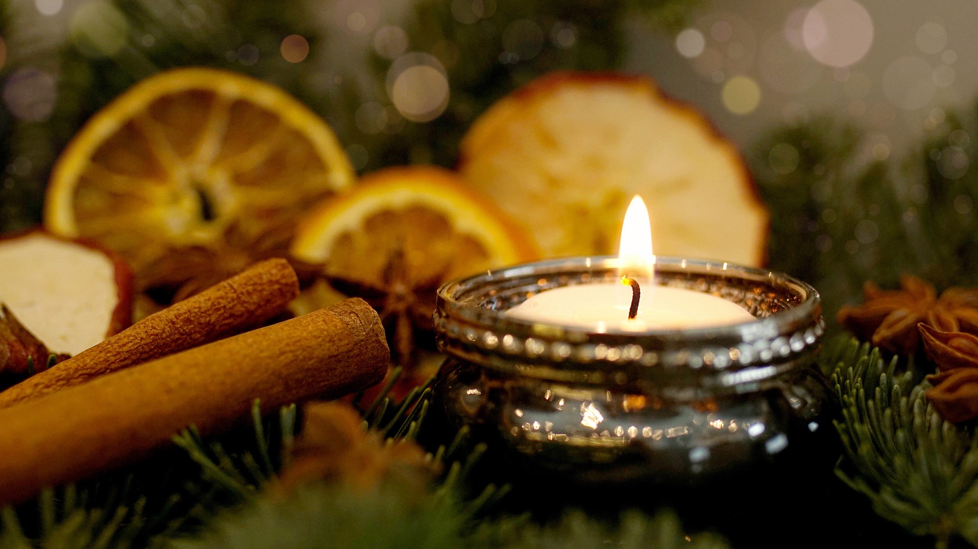 Christmas candle, cinnamon sticks, orange and apple slices amid pine branches